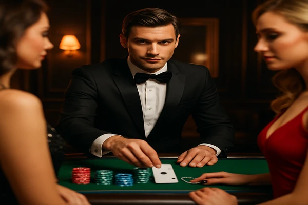 একজন মহিলা ল্যাপটপে অনলাইন গেম খেলছেন, চারপাশে জ্বলন্ত ক্যাসিনো পরিবেশ ছড়িয়ে পড়েছে