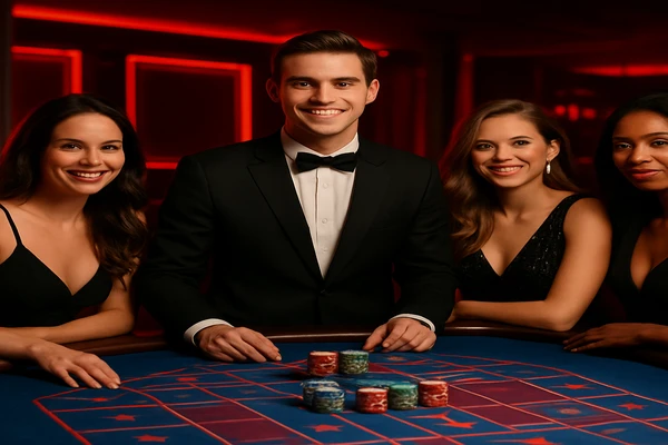 একজন পুরুষ অনলাইন গেমে জয় পাওয়ার আনন্দ উদযাপন করছেন, চারপাশে গেম প্রতীকগুলো ভাসছে