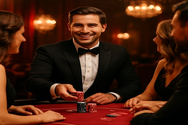 আলো-ঝলমলে গেমিং পরিবেশে এক আত্মবিশ্বাসী ডিলার ব্যবহারকারীদের tk66 অ্যাকাউন্টে নিরাপদ প্রবেশের আহবান জানাচ্ছেন।